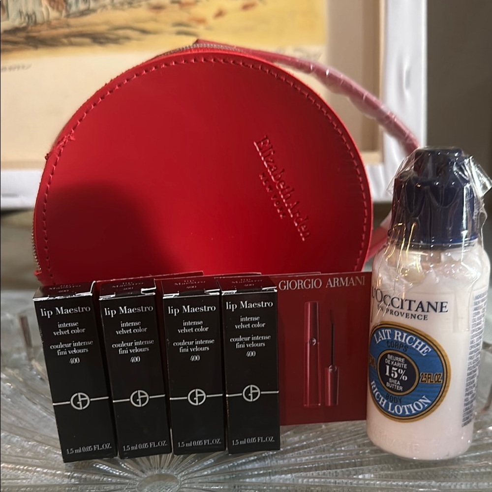 Giorgio Armani Lip, Elizabeth Arden Makeup Bag & L’Occitane Lotion